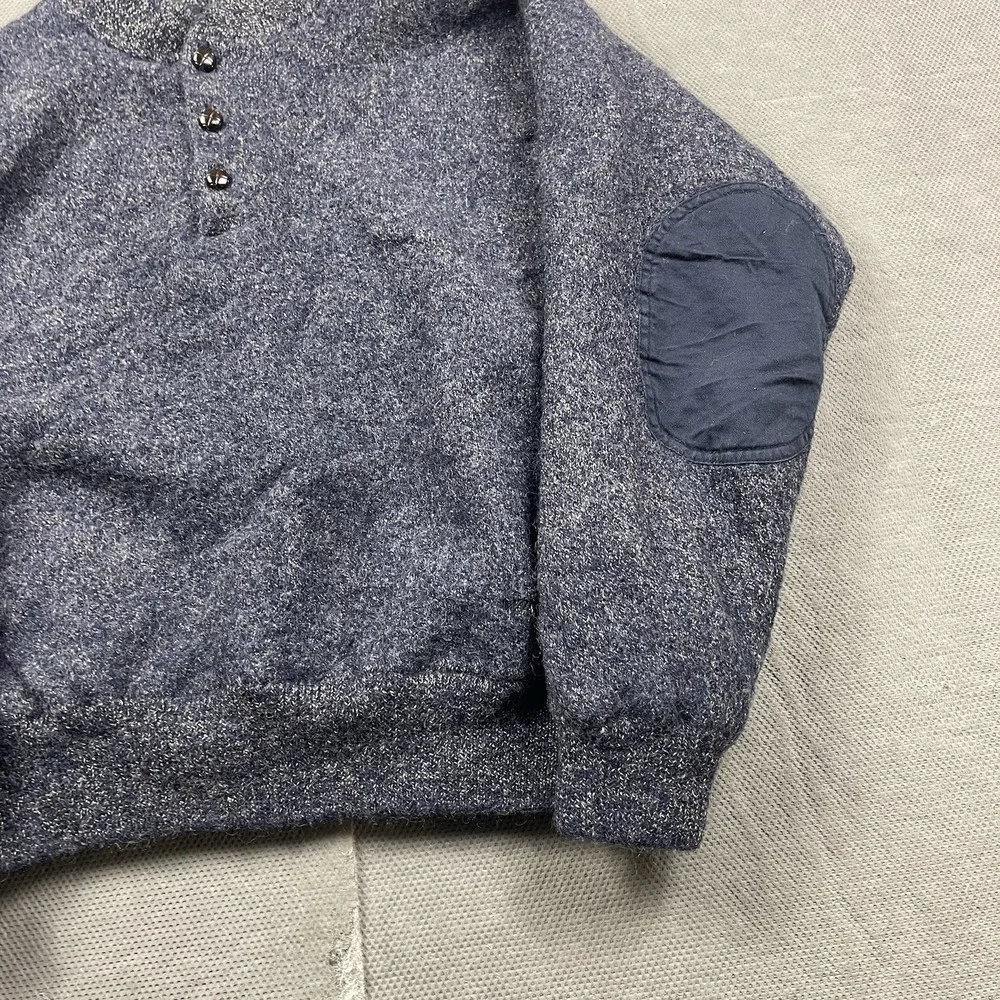 Cabelas Wool Sweater Mens Small* Blue Knit Pullover Henley Lined‎ Elbow Patch